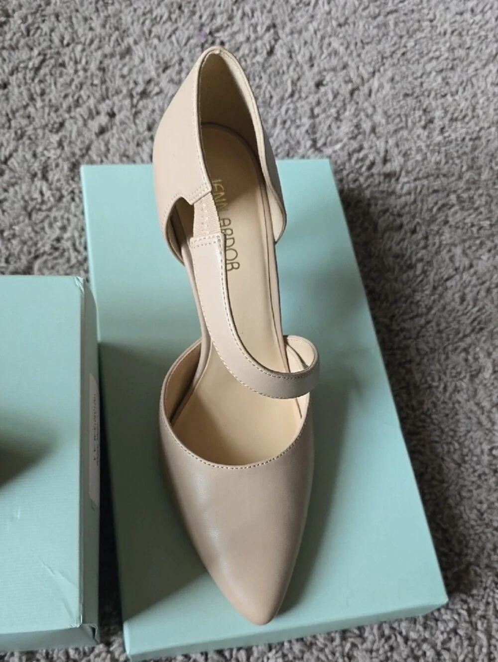 Jenn Ardor Beige Pointed T-Strap Stiletto Heels
